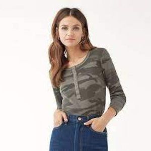 Splendid Thermal Camo Green Henley Long Sleeve Top